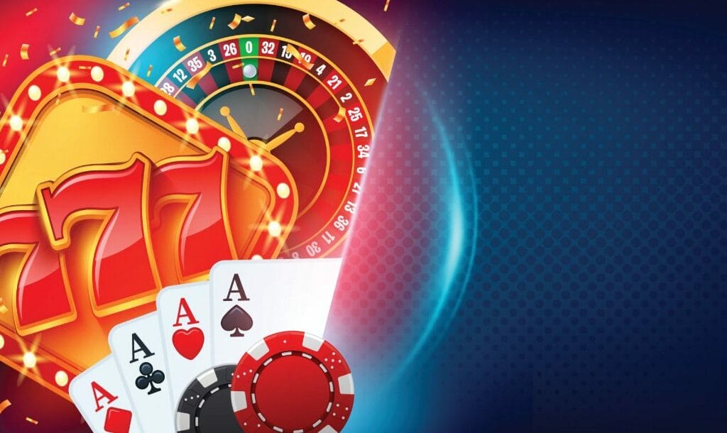 A montage of various casino games, including four aces from a deck of cards, a roulette wheel, a triple 7 from a slot game and a pair of casino chips.