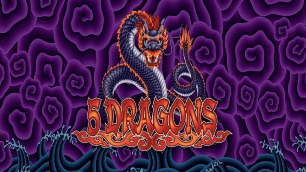 The 5 Dragons slot banner. The background is rendered in an old Asian-print style. The sky has swirls of purple hues. The sea below is filled with giant waves crashing against each other. In the middle of the sky is a dark black and grey dragon with fiery fins and markings along its head. In the foreground is the game title in a red and orange Chinese-style font.