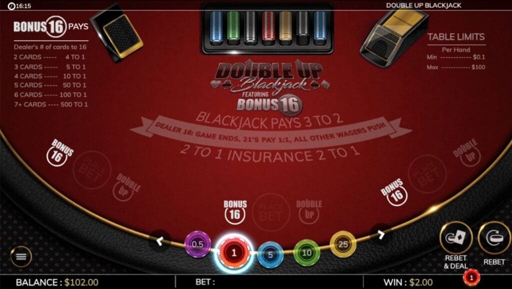 The table layout for Double Up Blackjack by Win Studios. The player is deciding on their wager.