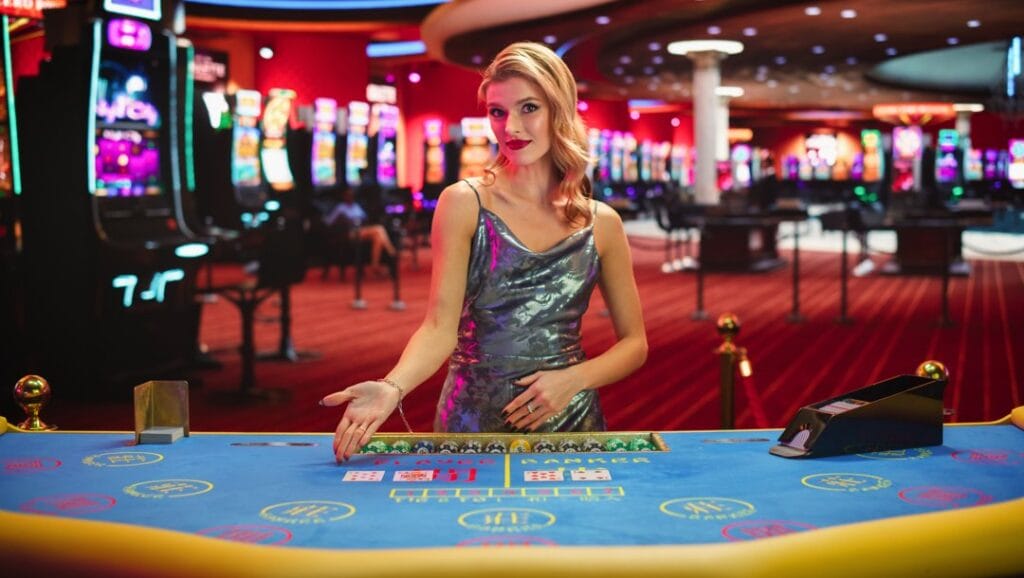 A dealer gestures to an empty seat at a casino game table.