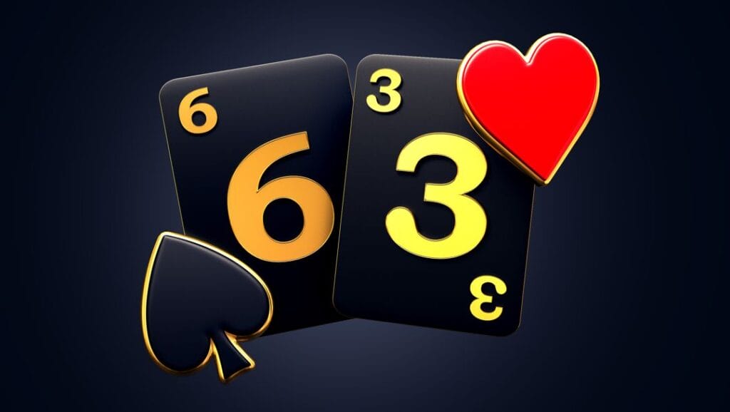 A 6 and 3 from a deck of playing cards. On the left is a spade symbol, and on the right is a heart symbol.