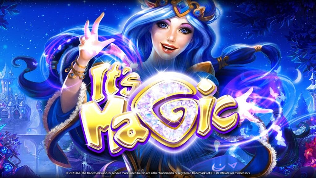 The It’s Magic title screen. The background is a fantasy world with a blue and red colour palette that shows a palace on the left and a forest on the right. In the foreground is the game title in a gold font with purple outlines. The letter G is filled with gems. Behind it is a magical princess with energy swirling from her hands.