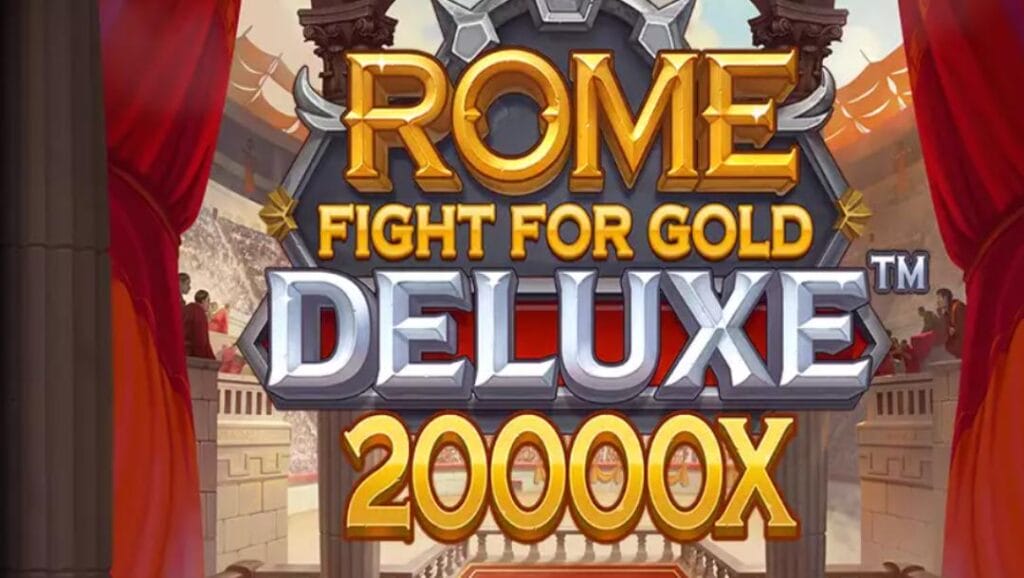 Rome Fight For Gold Deluxe logo in silver and gold against the entry to the colosseum background.
