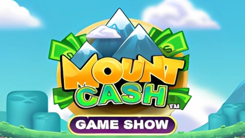 The Mount Cash title screen. The graphics are a simple cartoon style. The background has blue skies with beautiful clouds, rolling hills, and square-shaped trees. In the foreground is the game title and logo. The title is captured in a bold font with the words “Mount” in yellow, “Cash” in green, and “Game Show” in white. This is all set against three mountain peaks with banknotes and a sun appearing behind the mountain.
