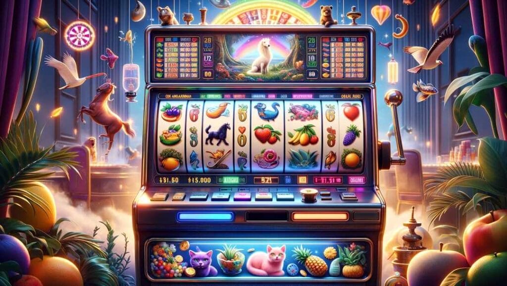 A slot machine displaying animals, fishing gear, fruits, and mythical symbols with a colorful, fantastical background