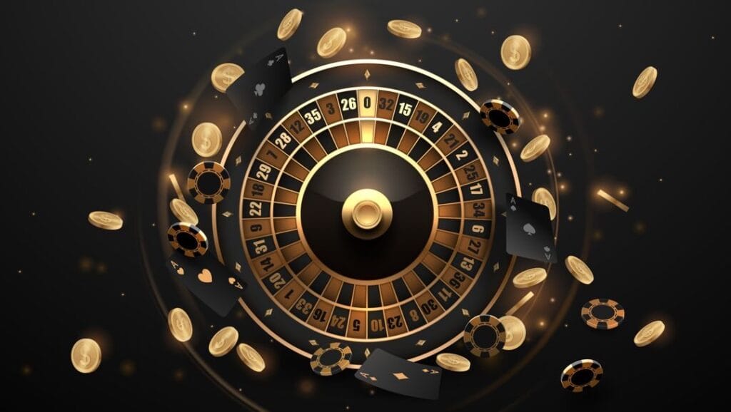 A 3D rendering of a black and gold roulette wheel with casino chips, gold coins, and playing cards surrounding the wheel.