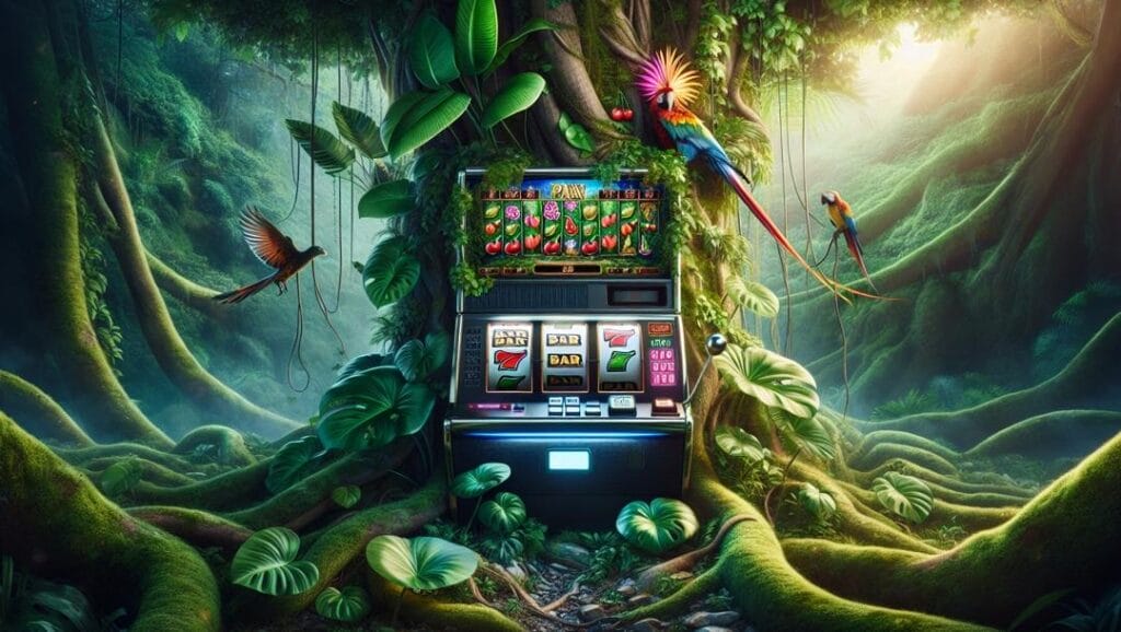 A slot machine against a thick tree with other plants growing out of it in a lush jungle. Two parrots and another bird are seen near or on the tree.