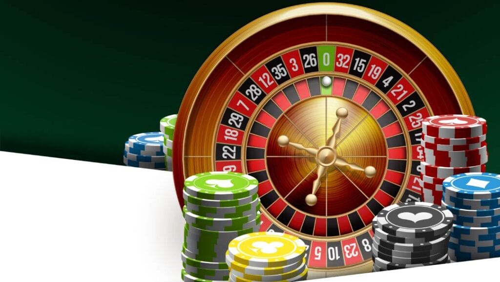 An illustration of a roulette wheel on its side with colorful casino chips on a black and white background.