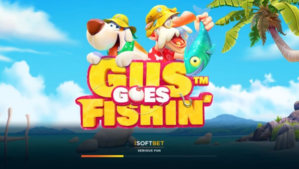Gus Goes Fishin’ online slot logo in yellow, red, and white with an elderly fisherman holding a fish and a dog next to him. The background is a cartoonish picture of an island with mountains, rocks, and a palm tree.