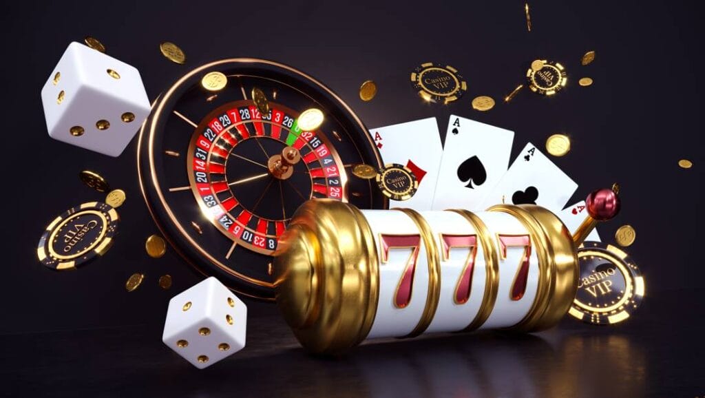 A 3D-rendered image of various casino games and casino items, including a slot reel, playing cards, dice, roulette wheel, and casino chips, against a black background.