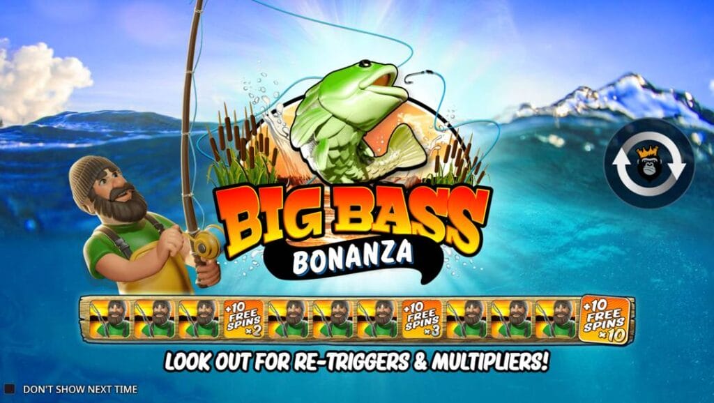 A screenshot of the title screen for Big Bass Bonanza. The background shows the ocean and sky meeting at the horizon. In the foreground, an animated fisherman is reeling in a bass fish that is a part of the game’s title. Some symbols of the fisherman holding a fishing rod are also visible, as are the words “Look out for re-triggers & multipliers!”