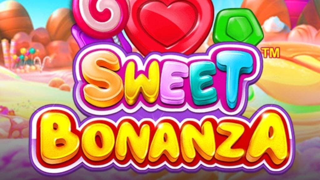 The Sweet Bonanza title screen. The game title is in a bubble-style font and features bright colours. Above the title are different candies, including candies with a square, heart, and pentagon shape, as well as a lollipop. The background features candy hills, mountains of ice cream, sweet trees, candy rocks, and other sweets.