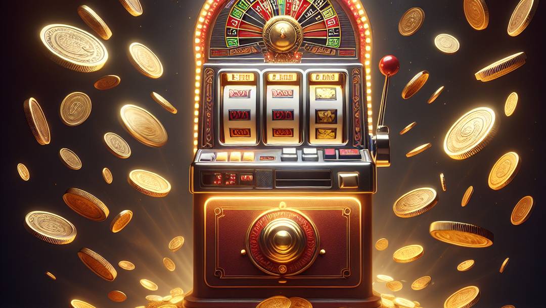 A retro slot machine surrounded by falling gold coins against a black background.