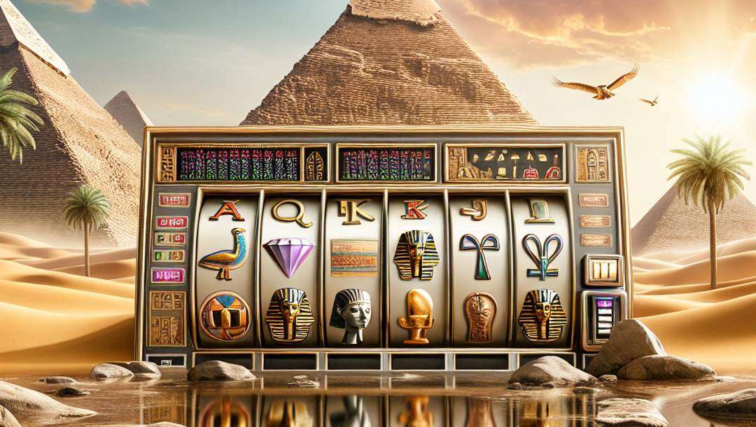 A stone slot machine in front of pyramids in a desert. The slot is reflected in a pool of water in front of it.