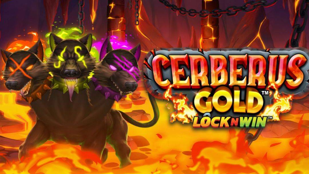 The title screen for Cerberus Gold, featuring the game’s title character with one head glowing orange, one yellow, and one purple, standing in a lava-filled cavern in the underworld.