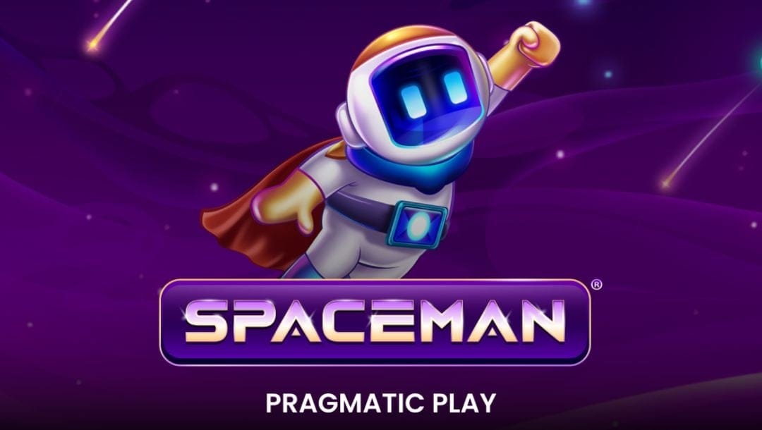 The title screen of the Spaceman crash game from Pragmatic Play. The adorable title character is flying across a dark purple sky with shooting stars behind him and the game logo in front of him.