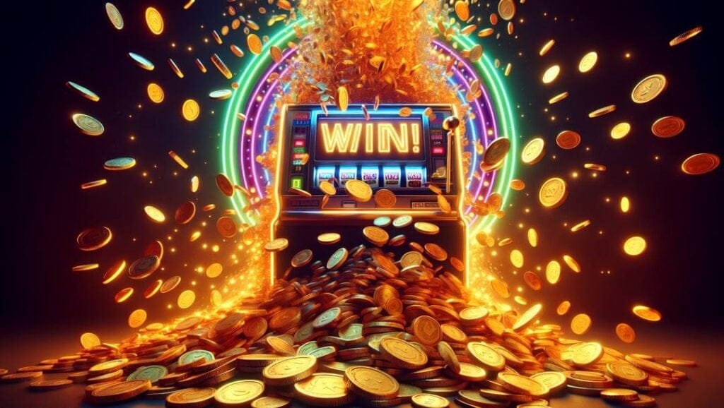 A brightly lit slot machine with the word “Win” on the front is surrounded by brightly coloured circular lights. Coins erupt from the top of the slot machine and land scattered around it.