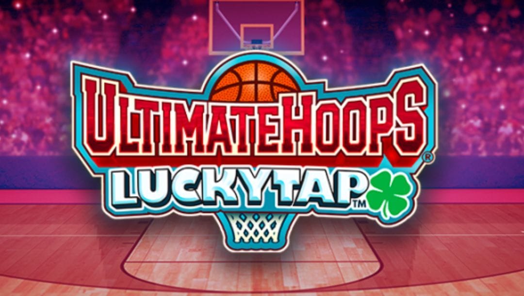 The Ultimate Hoops Luckytap online slot game featuring the game logo and a basketball court in the background.