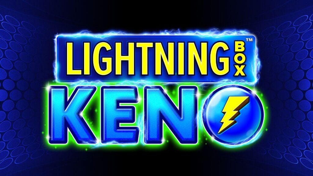 The title screen of Lightning Box Keno. The game title is spelled out in yellow and blue letters, with “Lightning Box” framed by sparks of electricity and “Keno” surrounded by a glowing green light. The dark blue background is decorated with clusters of slightly lighter blue circles.