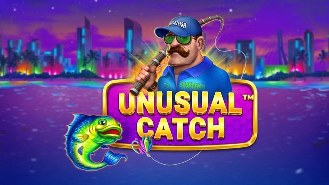 The title screen for Unusual Catch. The backdrop is a view of a beach at night with a cityscape behind it. In the foreground is the game’s logo featuring a moustached fisherman with a fishing rod over his shoulder above the game’s title, “Unusual Catch.” A bass is about to bite down on his baited line.