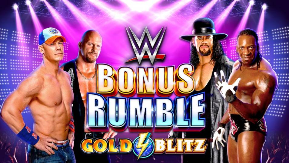 The title screen of WWE Bonus Rumble: Gold Blitz. John Cena and Stone Cold Steve Austin stand on the left of the game logo while The Undertaker and Booker T stand on the right. In the background there’s a WWE ring surrounded by a cheering crowd and bright spotlights.