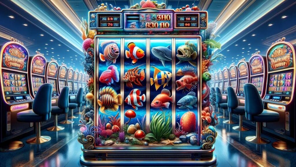 A slot machine with fish and underwater plants on the reels. There are other underwater plants and creatures around the edge of the machine. In the background are other slot machines.