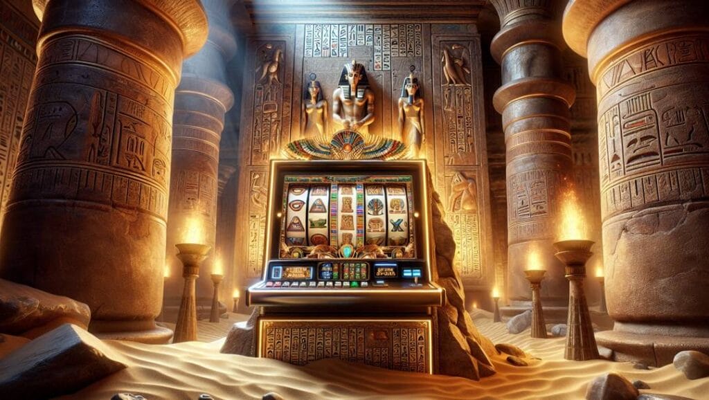 An Egypt-themed slot machine placed on top of a slab with hieroglyphics inside the ruins of an Egyptian temple. Sand and rubble are scattered around the temple floor. Lit torches and sunlight from above light the interior of the temple. The columns and walls are covered in hieroglyphics and statues of pharaohs.