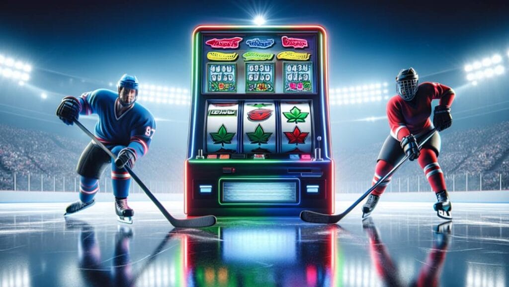 A slot machine in the middle of an ice hockey rink with uniformed ice hockey players on either side. The stands are packed with spectators. Bright lights shine down from the stadium roof.