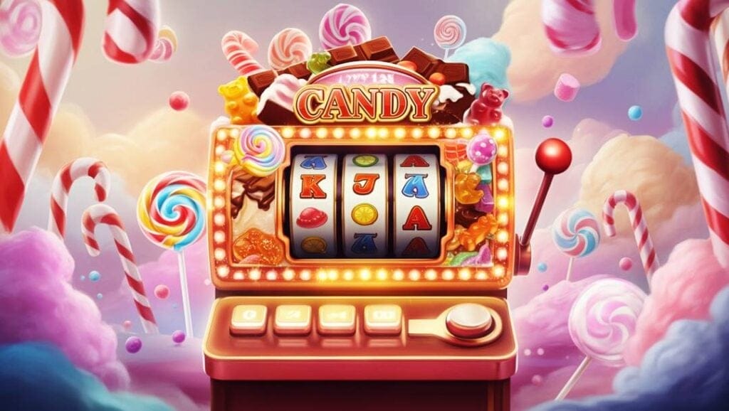 A candy-themed slot machine among candy floss clouds with candy canes and lollipops poking out of them.