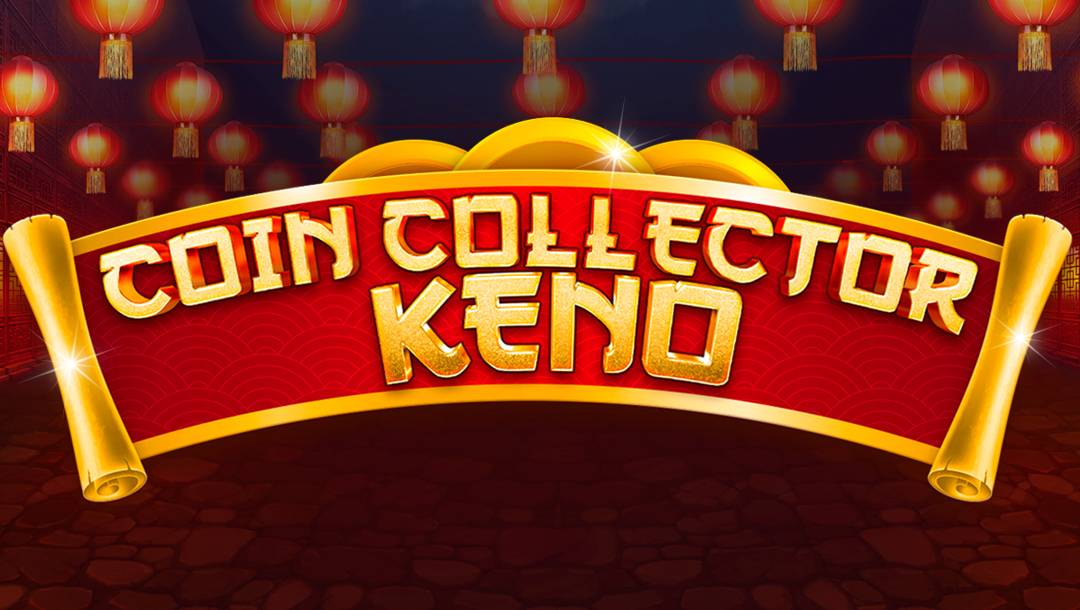 The Coin Collector Keno title screen. The background is a cobblestone street with red Chinese lanterns glowing above it. In the foreground is the game title against a golden and red scroll.