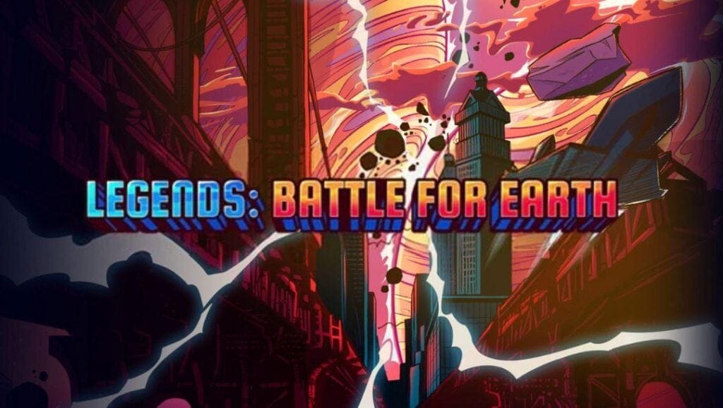 A screenshot of the title screen for Legends: Battle for Earth. The background shows a futuristic city with rocks flying through the air, a tornado in the distance, and lightning cracking across the sky.