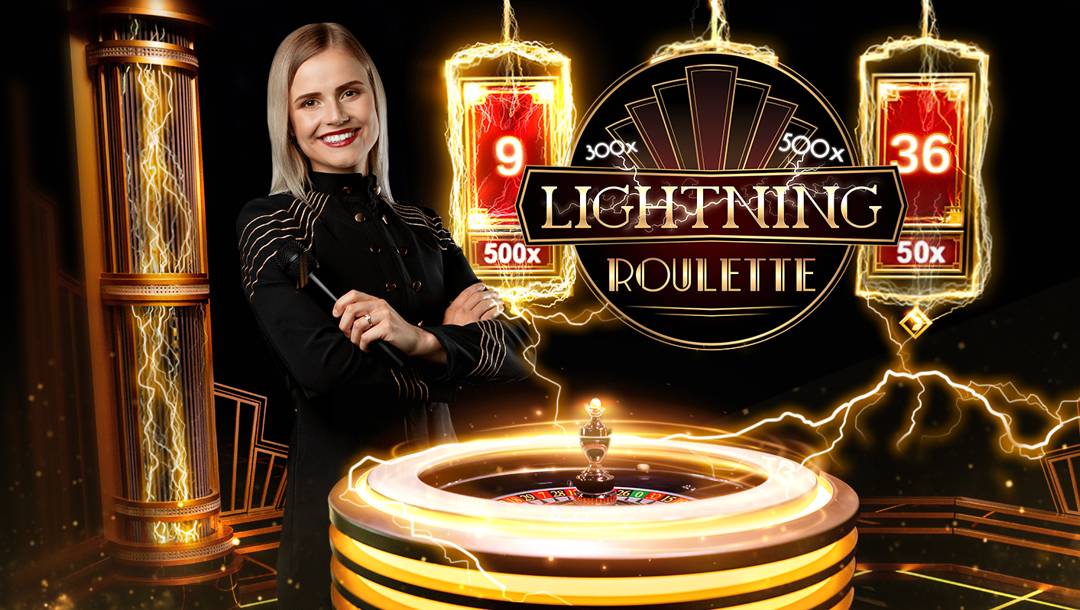 A female live dealer in a black and gold uniform standing with their arms crossed on the Lightning Roulette set. The set has a black and gold finish on the columns, walls, the lucky number boards, and the Lightning Roulette wheel. Bolts of lightning are seen arcing between these different elements. In the foreground is the game logo and title.