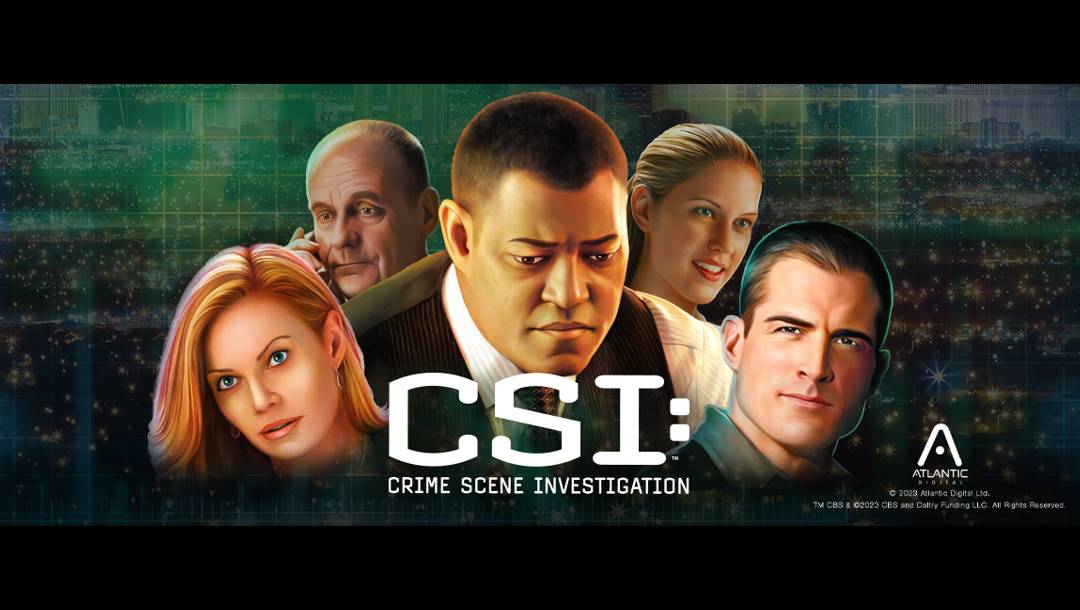 The title screen of CSI: Crime Scene Investigation. The backdrop is Las Vegas at night, with a green, electronic-style overlay. In the foreground are the main characters from CSI season nine, positioned next to the game’s title. These characters are rendered in a photorealistic style and include Raymond Langston, Nick Stokes, Catherine Willows, Jim Brass, and Riley Adams.