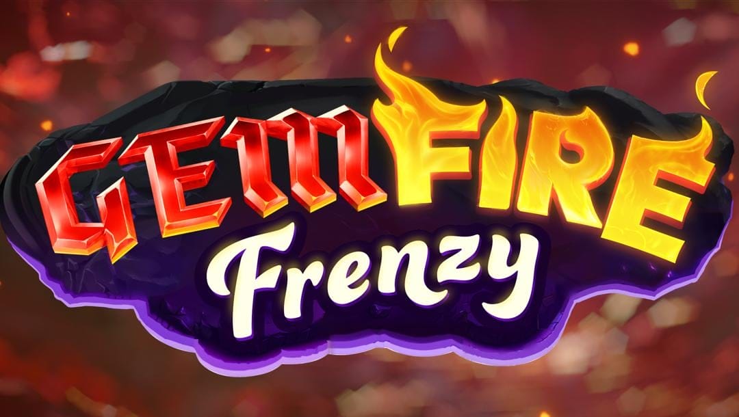 The Gem Fire Frenzy title screen. The background is a blur of red and white hues. In the foreground is the game title set against a cutout of a grey and purple rock. The word “Gem” is in a red gem-style font, the word “Fire” is in an orange and yellow fire-style font, and the word “Frenzy” is in a regular font in white.