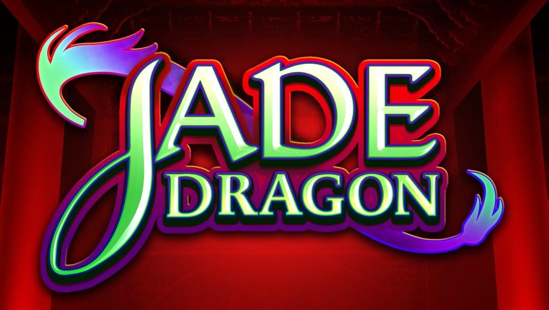 The Jade Dragon title screen. The background is the interior of a red room with palace-like architecture, including an ornately designed roof and red drapes. In the foreground is the game title. The title of the game appears in a light green with white highlights and a dark bold black outline. A red-and-purple design surrounds the text and there’s a dragon-like tail and head on the left and right sides of the title.