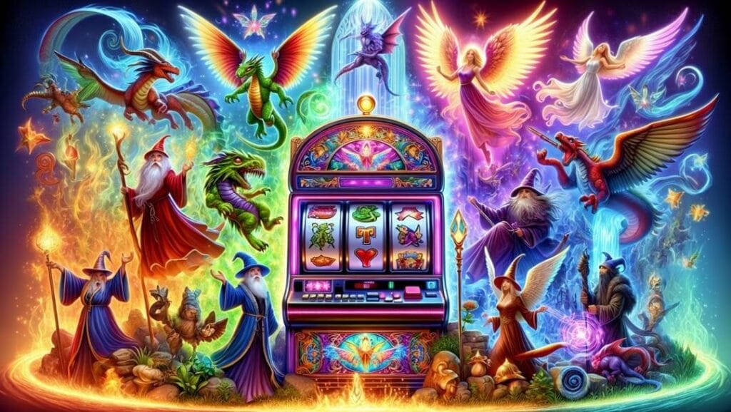 A fantasy-themed slot machine surrounded by magical creatures including wizards, dragons, angels, and other unusual fantastic beings. They’re all on a magical island surrounded by orange, green, and blue light.