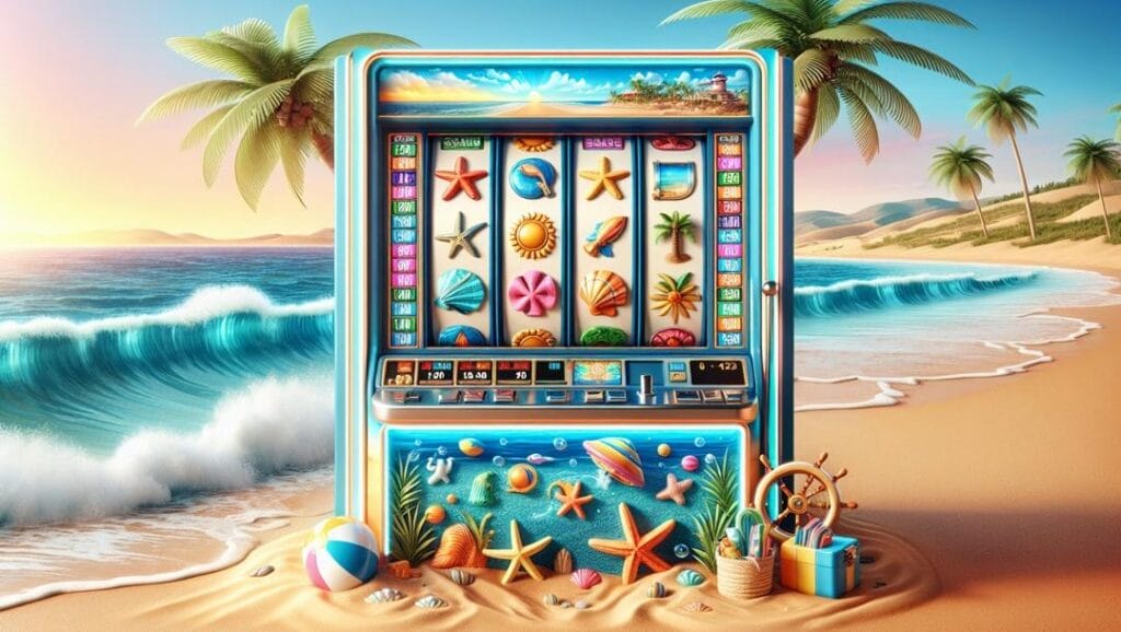 A beach-themed slot machine on a beach surrounded by various beach items, including starfish, shells, a beach ball, and a basket with items. The slot machine has a range of beach-themed symbols, including shells, starfish, and palm trees. Behind the slot machine, waves gently break against the shore of a beautiful beach while the sun dips below the horizon on the left.