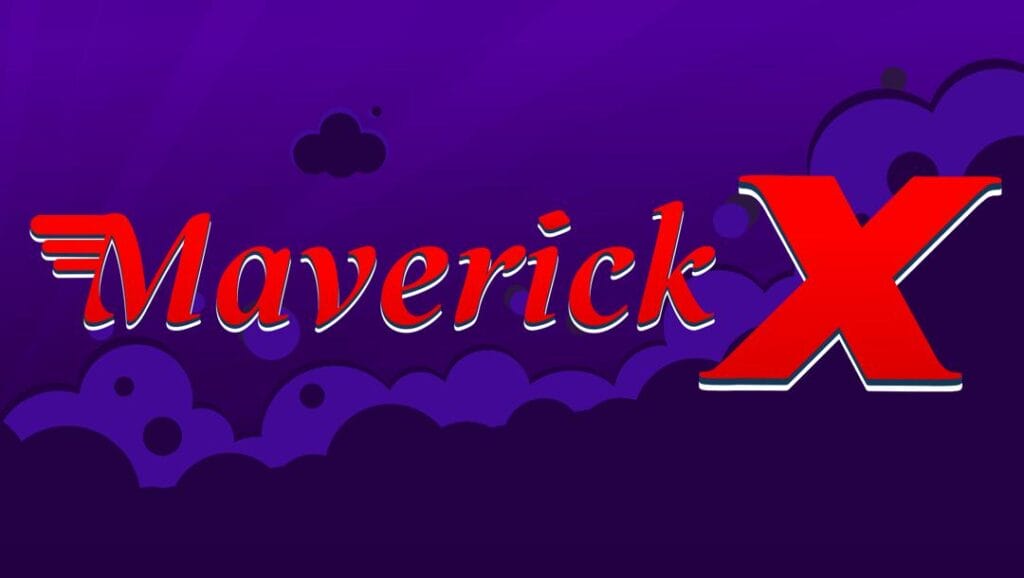 The Maverick X title screen. The background is a purple sky with purple cartoon-style clouds. In the foreground is the game title in bright red with black and white drop shadows.