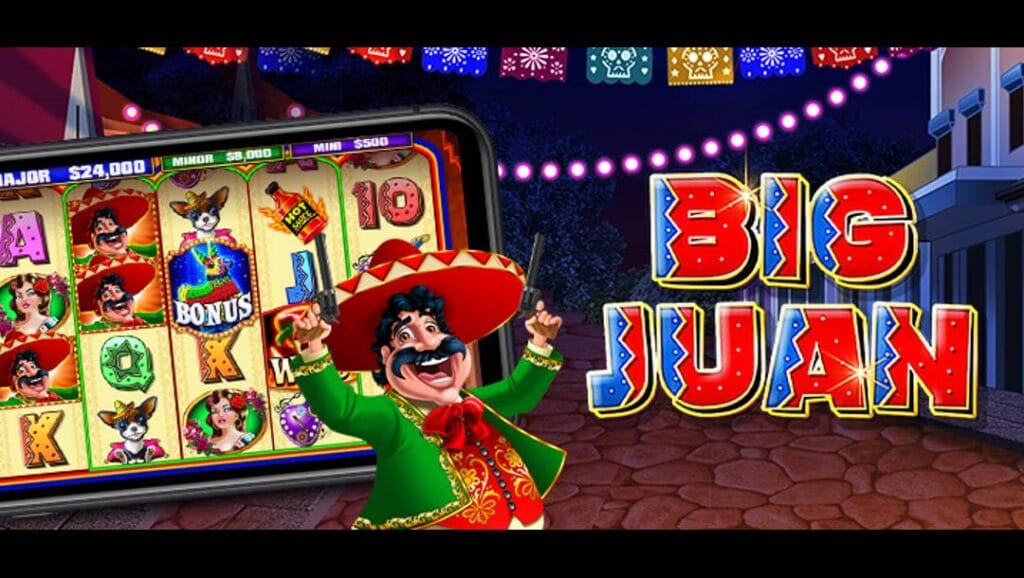 The Big Juan slot banner. The background is a Mexican town at night with banners and lights hanging across the street. To the left is a smartphone with the game on the screen. To the right is the title Big Juan in a Mexican-style font. In front of both of these elements is the game’s mascot, Big Juan, a Mexican bandit with a bright red sombrero, green jacket, red waistcoat, and two six-shooters.