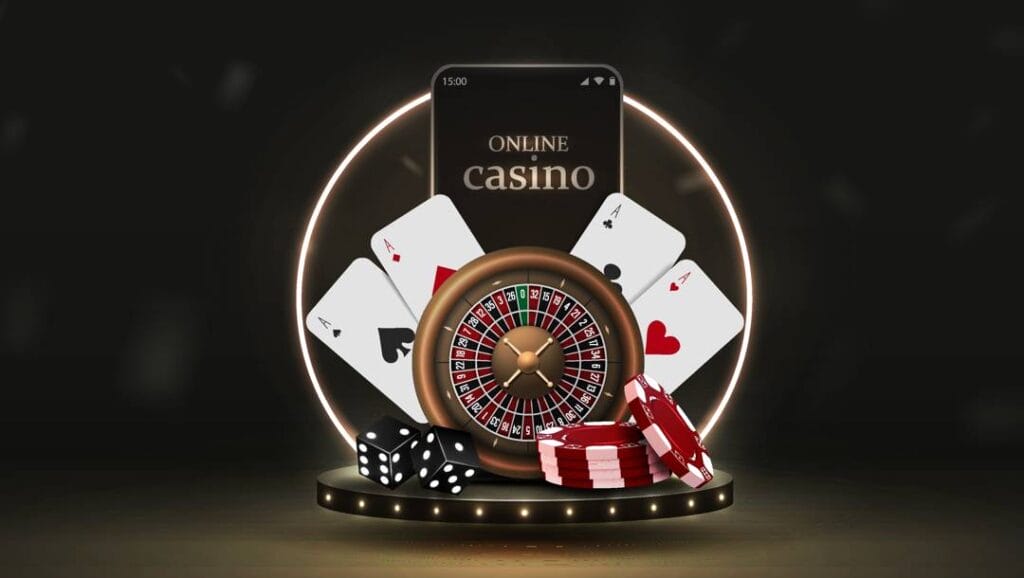 A dark, spotlight-style background frames a glowing circular neon ring. In the ring an upright smartphone displays the words “ONLINE casino”. In the foreground, a fan of four aces (spades, diamonds, clubs, hearts) arcs behind a bronze-rimmed roulette wheel placed center-stage on a low, lit podium. It’s flanked by a pair of black dice on the left and neatly stacked red-and-white poker chips on the right.