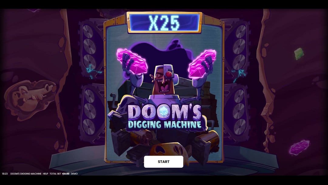 A screenshot of a comic-style loading screen for Doom’s Digging Machine. In the center, a blueprint panel, rimmed with battered yellow metal, displays a crazed, half-robot scientist holding two crackling pink crystals above his head. Just above him, a digital scoreboard reads “X25,” while below, the chunky purple game title “DOOM’s”, with a glowing ice-blue gem “O”, sits above the cyan-coloured subtitle “DIGGING MACHINE.” The backdrop shows huge bulldozer treads that are part of a digging machine that’s digging deep underground, as well as scattered fossils and stray gemstones embedded in rocky seams.