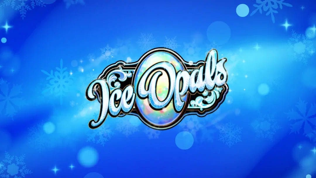 Ice Opals game title screen featuring the icy, chromed-out logo against a bright blue backdrop, peppered with snowflake particles and glints of sparkling light.