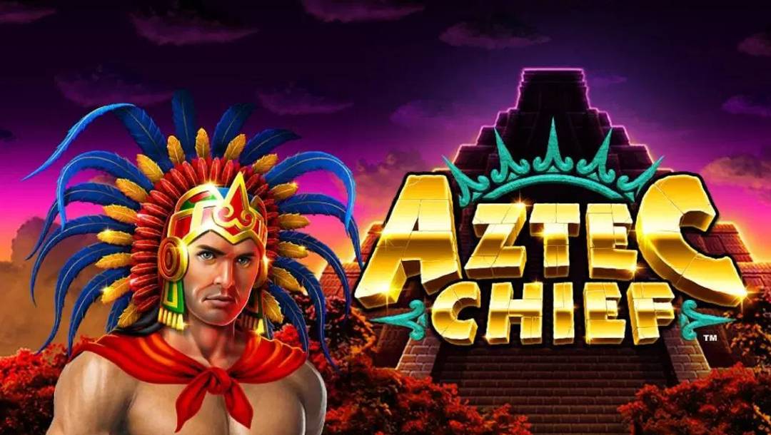 The Aztec Chief title screen. It portrays an Aztec Chief standing in front of an Aztec temple. The horizon glows a strange purple, pink, and orange hue, while the skies are filled with darkness. The game title is positioned in front of the temple next to the chief.