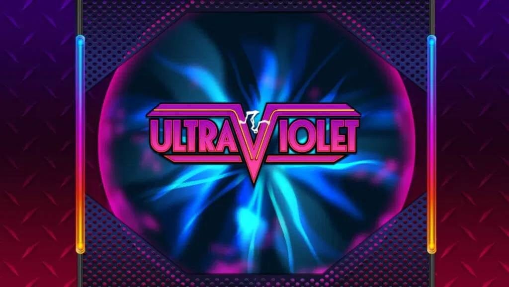 The UltraViolet slot game banner. The background is a metal sheet with blue and red lights on the top and bottom, respectively. In the foreground is a glowing neon purple and blue orb with blue tendrils of light. The game title sits on top of these blue light beams. Surrounding the orb is a mesh with neon bars on the left and right sides.